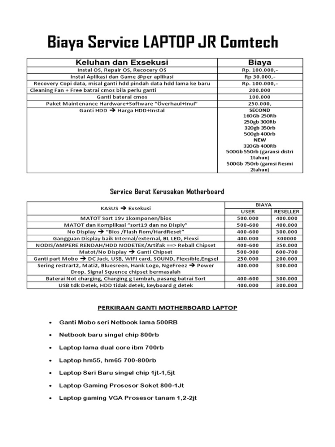 biaya servis laptop: Biaya Service LAPTOP JR Comtech  PDF